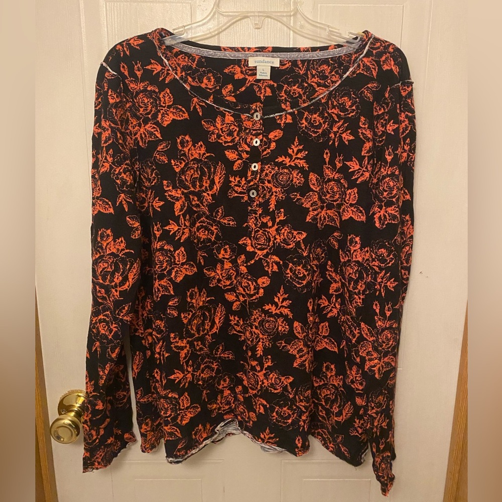 Sundance Black Floral Henley with Pink Print L